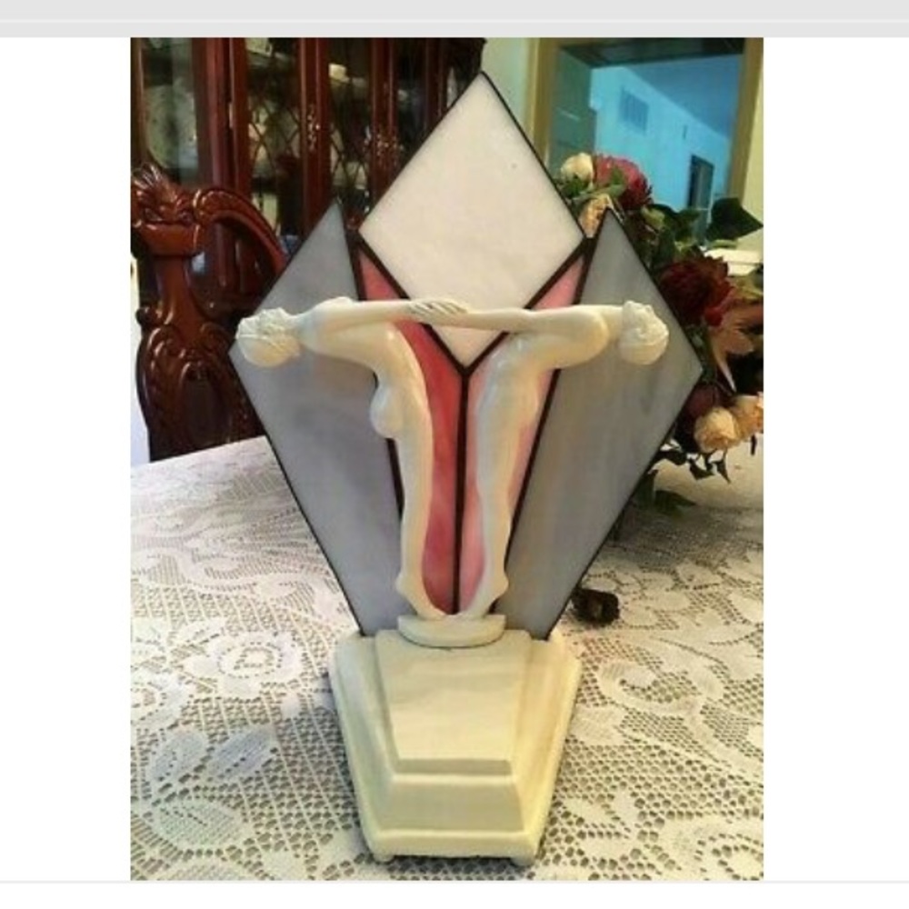 Vtg Art Deco Nude Cast Iron Stain Glass Lamp